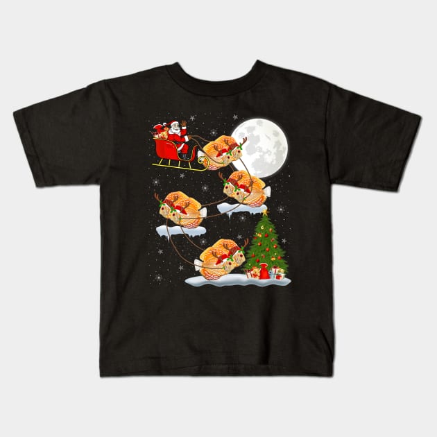 Funny Xmas Lighting Tree Santa Riding Discus Fish Christmas Kids T-Shirt by kasperek